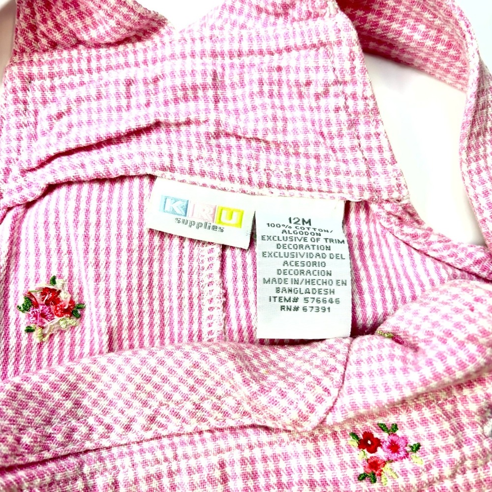 Vintage KRU Supplies Bib Overalls Baby Girls 12M Pink Gingham Floral Embroidered - Picture 3 of 3
